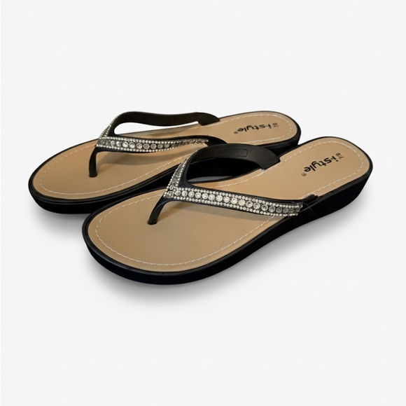 Black Wedge Sandals with Rhinestone Accents - Picture 1 of 3